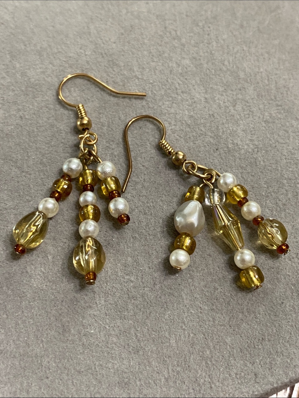 Gold-Tone Yellow Beaded Dangle Earrings with Pearl Accents